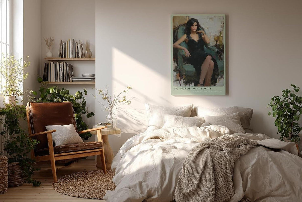 Paul Sinus Wandbild in 40x60cm Frau in schwarzem Spitzenkleid auf Sessel – modernes Porträt mit ausdrucksstarker Präsenz