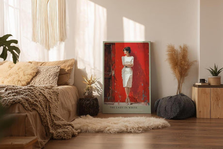 Paul Sinus Wandbild in 40x60cm Frau in weißem Kleid an roter Tür – elegantes Porträt mit zeitloser Ausstrahlung