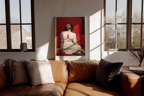 Paul Sinus Wandbild in 40x60cm Frau in weißem Kleid auf rotem Sofa – ausdrucksstarkes Porträt mit starker Farbwirkung