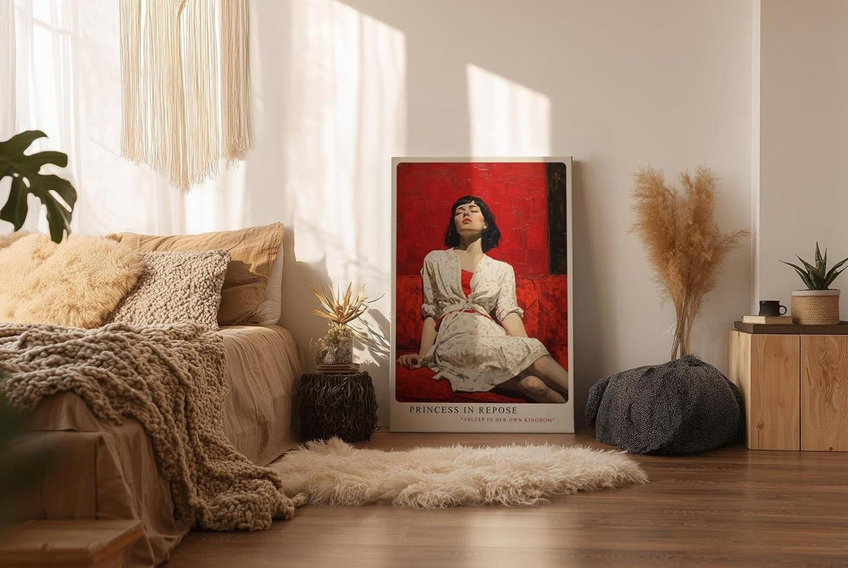 Paul Sinus Wandbild in 40x60cm Frau in weißem Kleid auf rotem Sofa – ausdrucksstarkes Porträt mit starker Farbwirkung