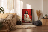 Paul Sinus Wandbild in 40x60cm Frau in weißem Kleid auf rotem Sofa – ausdrucksstarkes Porträt mit starker Farbwirkung