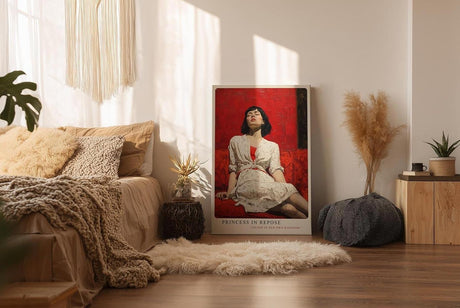Paul Sinus Wandbild in 40x60cm Frau in weißem Kleid auf rotem Sofa – ausdrucksstarkes Porträt mit starker Farbwirkung