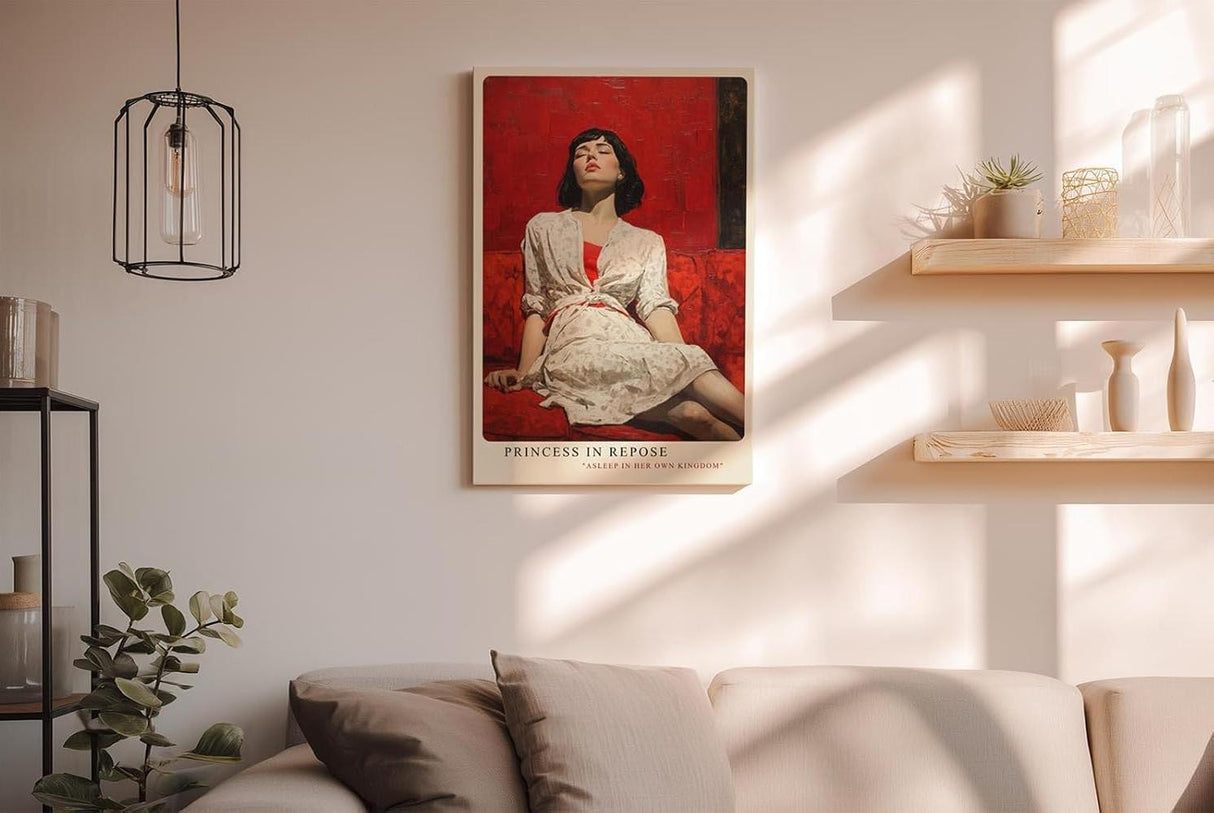 Paul Sinus Wandbild in 40x60cm Frau in weißem Kleid auf rotem Sofa – ausdrucksstarkes Porträt mit starker Farbwirkung