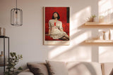 Paul Sinus Wandbild in 40x60cm Frau in weißem Kleid auf rotem Sofa – ausdrucksstarkes Porträt mit starker Farbwirkung