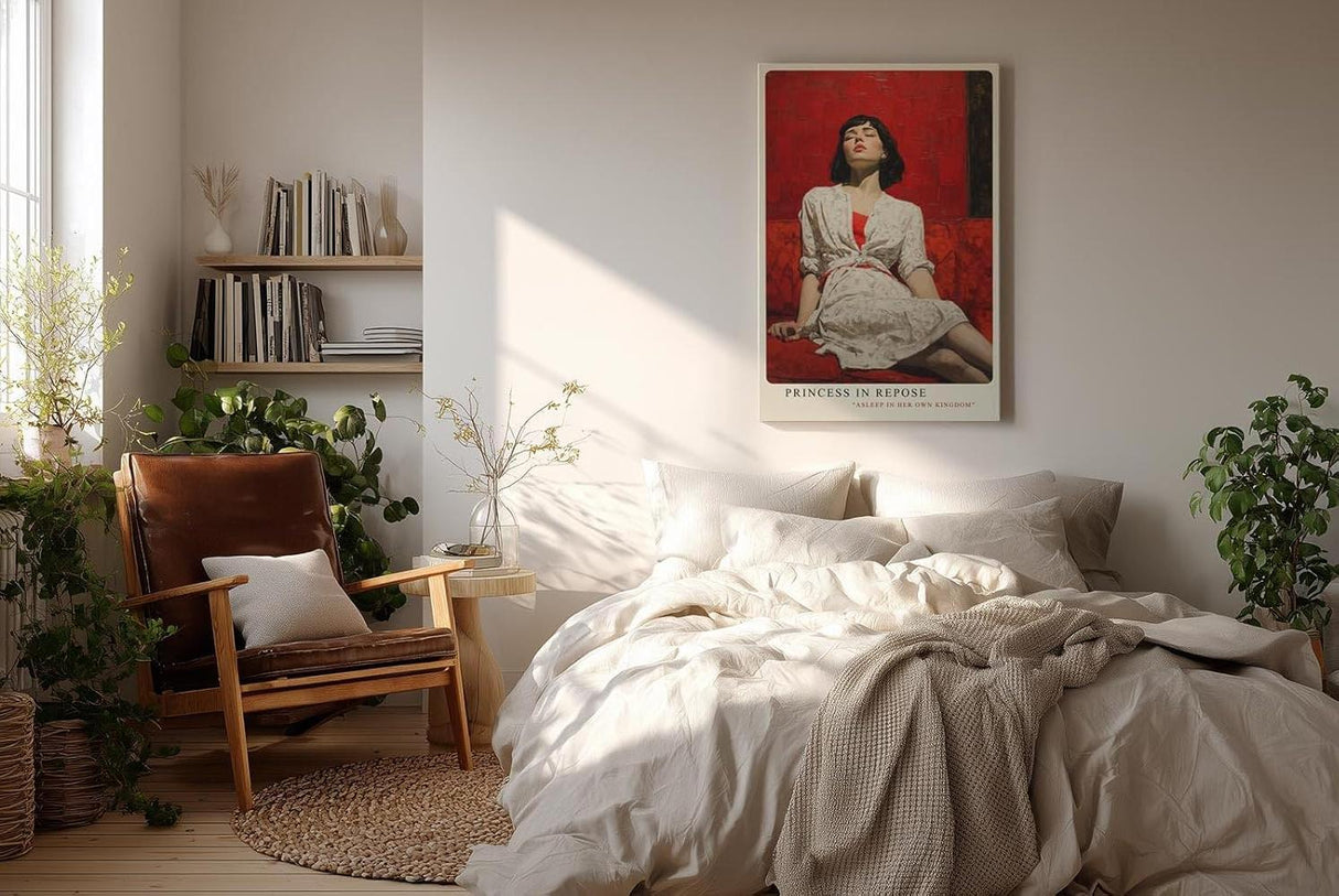 Paul Sinus Wandbild in 40x60cm Frau in weißem Kleid auf rotem Sofa – ausdrucksstarkes Porträt mit starker Farbwirkung