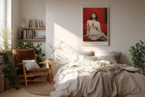 Paul Sinus Wandbild in 40x60cm Frau in weißem Kleid auf rotem Sofa – ausdrucksstarkes Porträt mit starker Farbwirkung