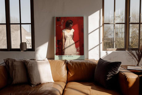 Paul Sinus Wandbild in 40x60cm Frau in weißem Kleid vor roter Wand – modernes Porträt mit ausdrucksstarker Komposition