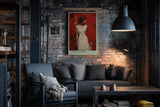 Paul Sinus Wandbild in 40x60cm Frau in weißem Kleid vor roter Wand – modernes Porträt mit ausdrucksstarker Komposition