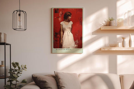Paul Sinus Wandbild in 40x60cm Frau in weißem Kleid vor roter Wand – modernes Porträt mit ausdrucksstarker Komposition