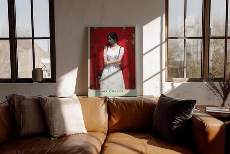 Paul Sinus Wandbild in 40x60cm Frau in weißem Sommerkleid vor roter Wand – modernes Kunstwerk mit ruhiger Ausstrahlung