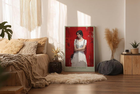 Paul Sinus Wandbild in 40x60cm Frau in weißem Sommerkleid vor roter Wand – modernes Kunstwerk mit ruhiger Ausstrahlung