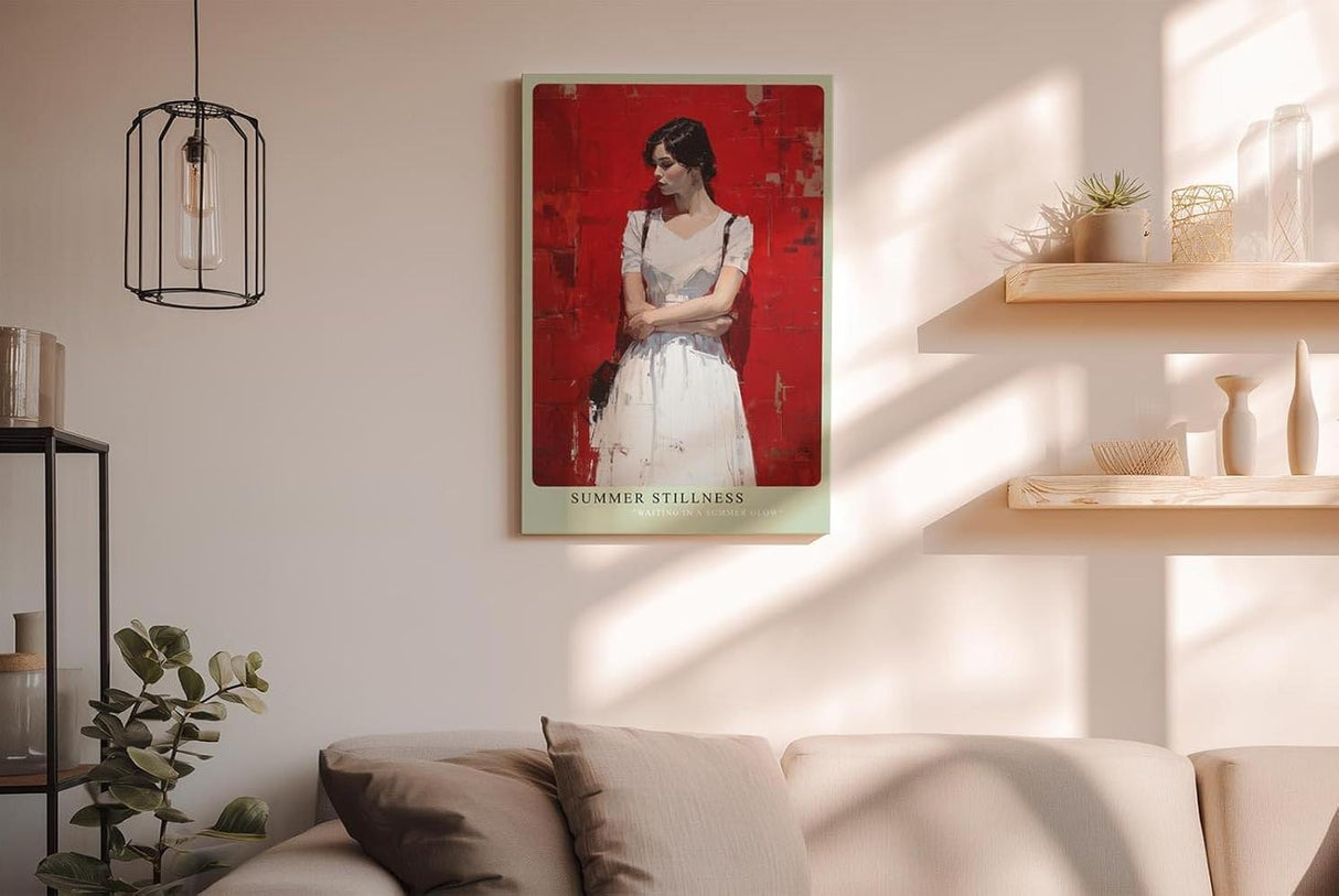 Paul Sinus Wandbild in 40x60cm Frau in weißem Sommerkleid vor roter Wand – modernes Kunstwerk mit ruhiger Ausstrahlung