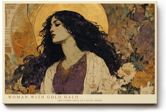 Paul Sinus Wandbild 120x80cm Frau mit Goldenem Heiligenschein Elegantes Portrait Kunst in Gold und Beige Wanddekoration