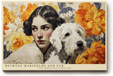 Paul Sinus Wandbild 120x80cm Frau mit Hund und Goldenen Blumen Romantisches Portrait Kunstbild in warmen Farben fuer Wohnzimmer Schlafzimmer und Esszimmer