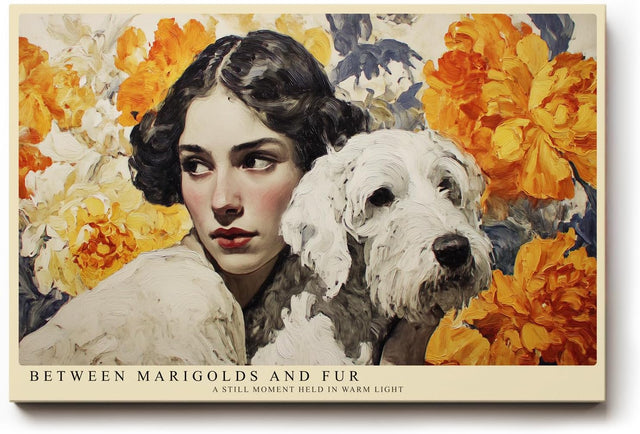 Paul Sinus Wandbild 120x80cm Frau mit Hund und Goldenen Blumen Romantisches Portrait Kunstbild in warmen Farben fuer Wohnzimmer Schlafzimmer und Esszimmer