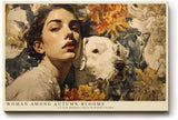 Paul Sinus Wandbild 120x80cm Frau mit Hund und Herbstblumen Romantisches Kunstmotiv Warme Farben fuer Wohnzimmer Schlafzimmer und Esszimmer