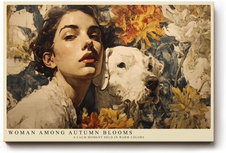 Paul Sinus Wandbild 120x80cm Frau mit Hund und Herbstblumen Romantisches Kunstmotiv Warme Farben fuer Wohnzimmer Schlafzimmer und Esszimmer