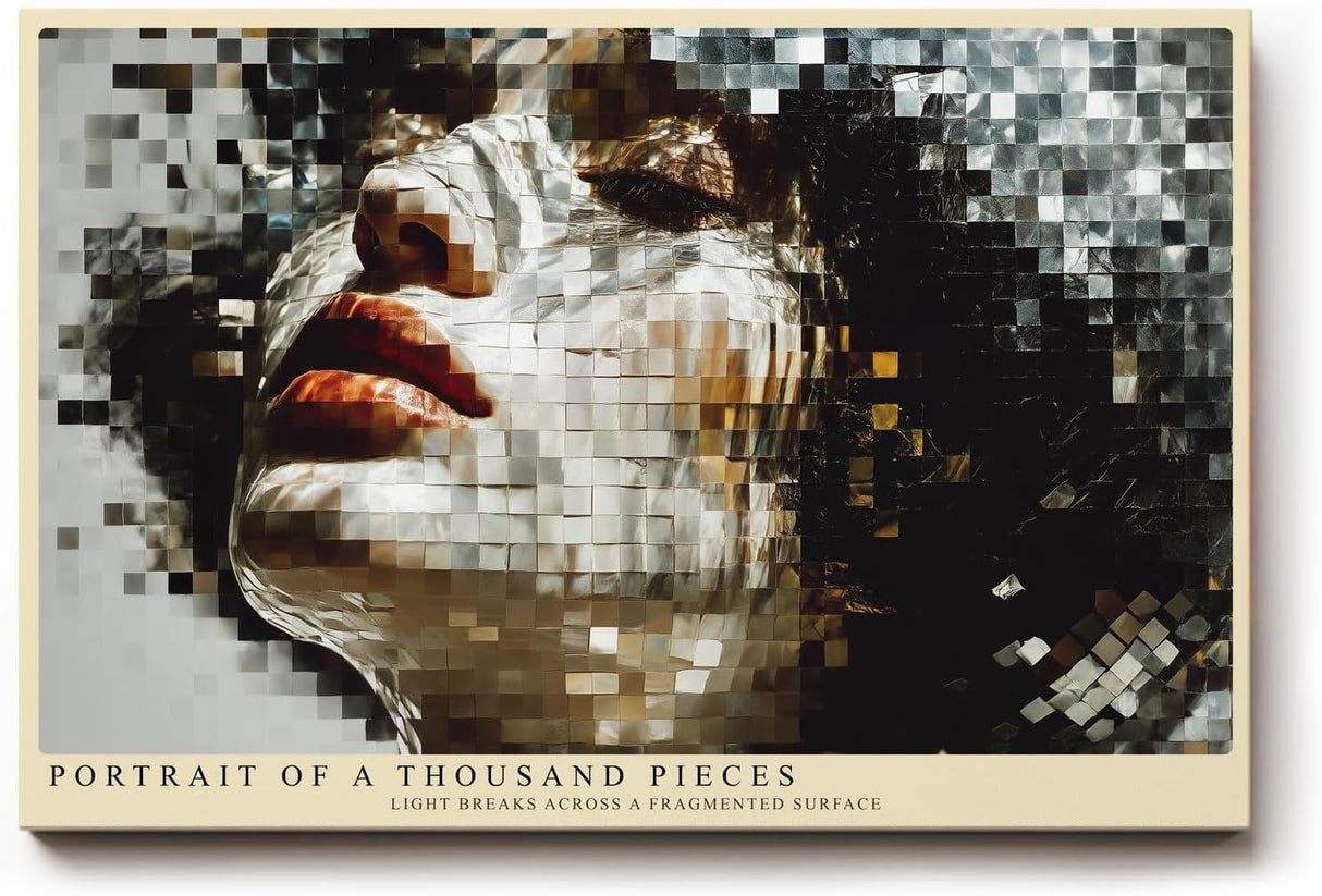 Paul Sinus Wandbild 120x80cm Frauenportrait Mosaik modern beige schwarz digitale Kunst Kunstdruck grosses Kunstbild stilvolle Wanddekoration fuer Wohnzimmer Büro Flur