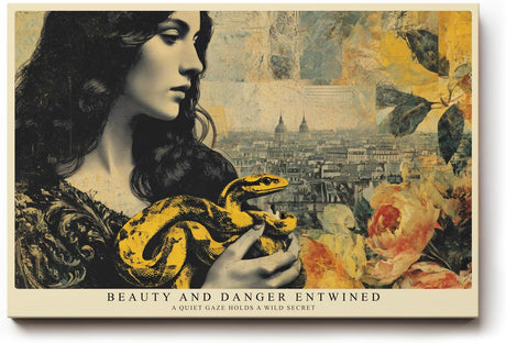 Paul Sinus Wandbild 120x80cm Frauenportrait Schlange Vintage Collage modern gelb blau Kunst Kunstdruck grosses Kunstbild kreative Wanddekoration fuer Wohnzimmer Büro