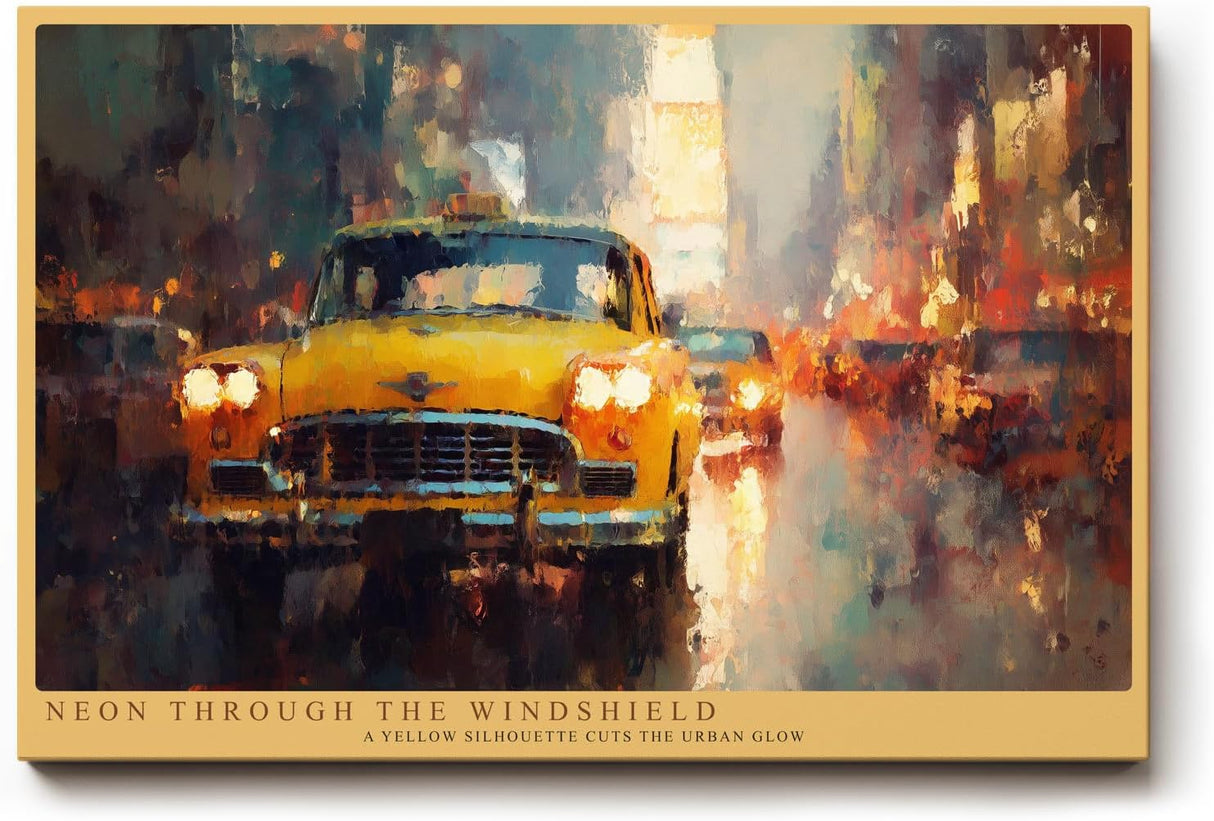 Paul Sinus Wandbild 120x80cm Gelbes Taxi im Regen Grossstadt Nachtstimmung modernes City Kunstbild fuer Wohnzimmer Büro und Loft