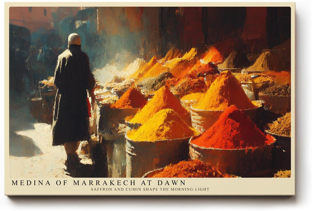 Paul Sinus Wandbild 120x80cm Gewuerzmarkt Marrakesch Morgenlicht orientalisches Markt Motiv Kunstdruck fuer Wohnzimmer Kueche und Essbereich
