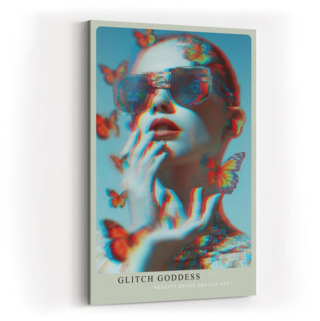 Paul Sinus Wandbild in 40x60cm Glitch Goddess – Futuristisches Porträt einer Frau mit digitalem Glitch-Effekt und Schmetterlingen