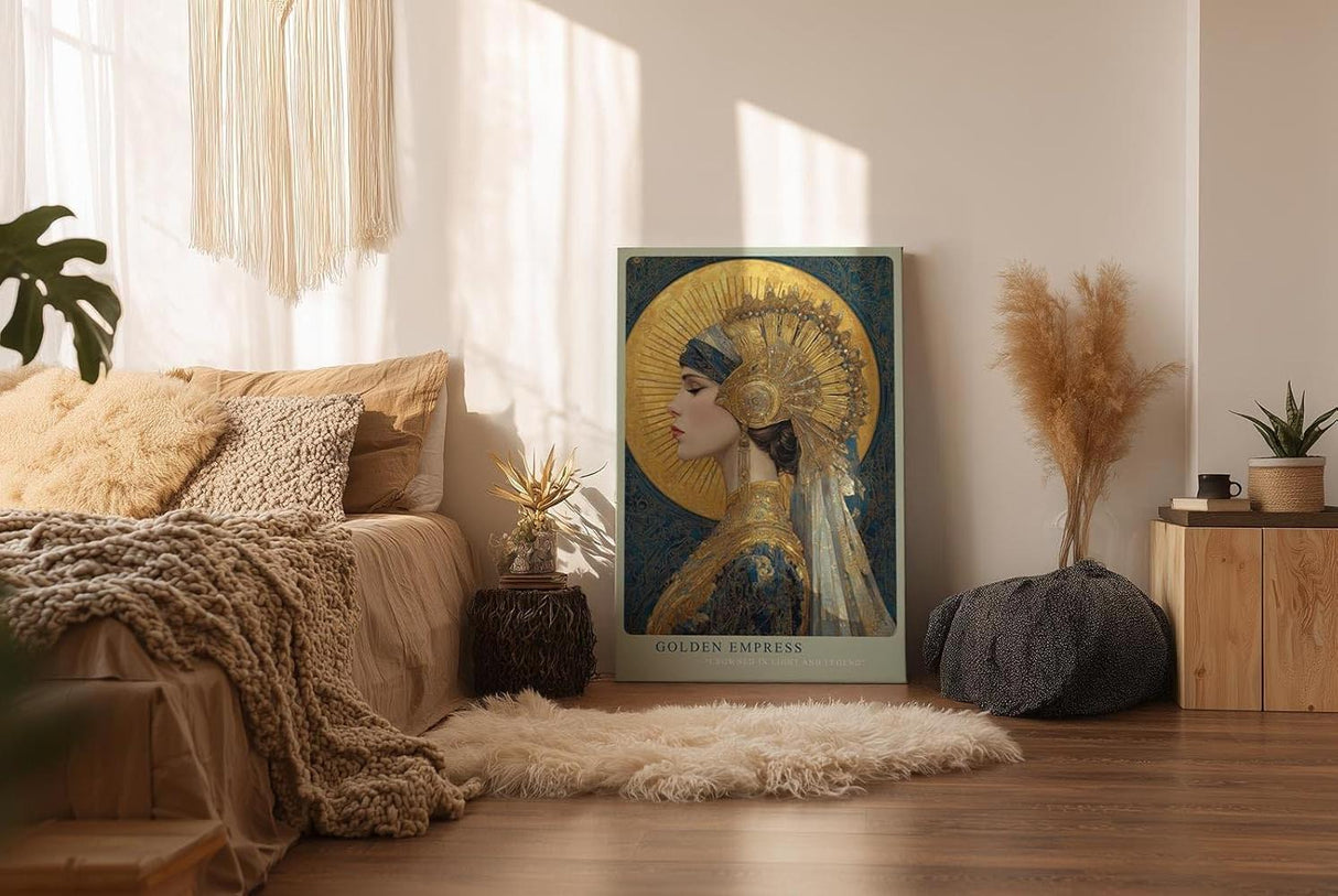 Paul Sinus Wandbild in 40x60cm Golden Empress majestätisches Porträt einer Frau in goldverzierter Kopfbedeckung vor strahlender Sonne