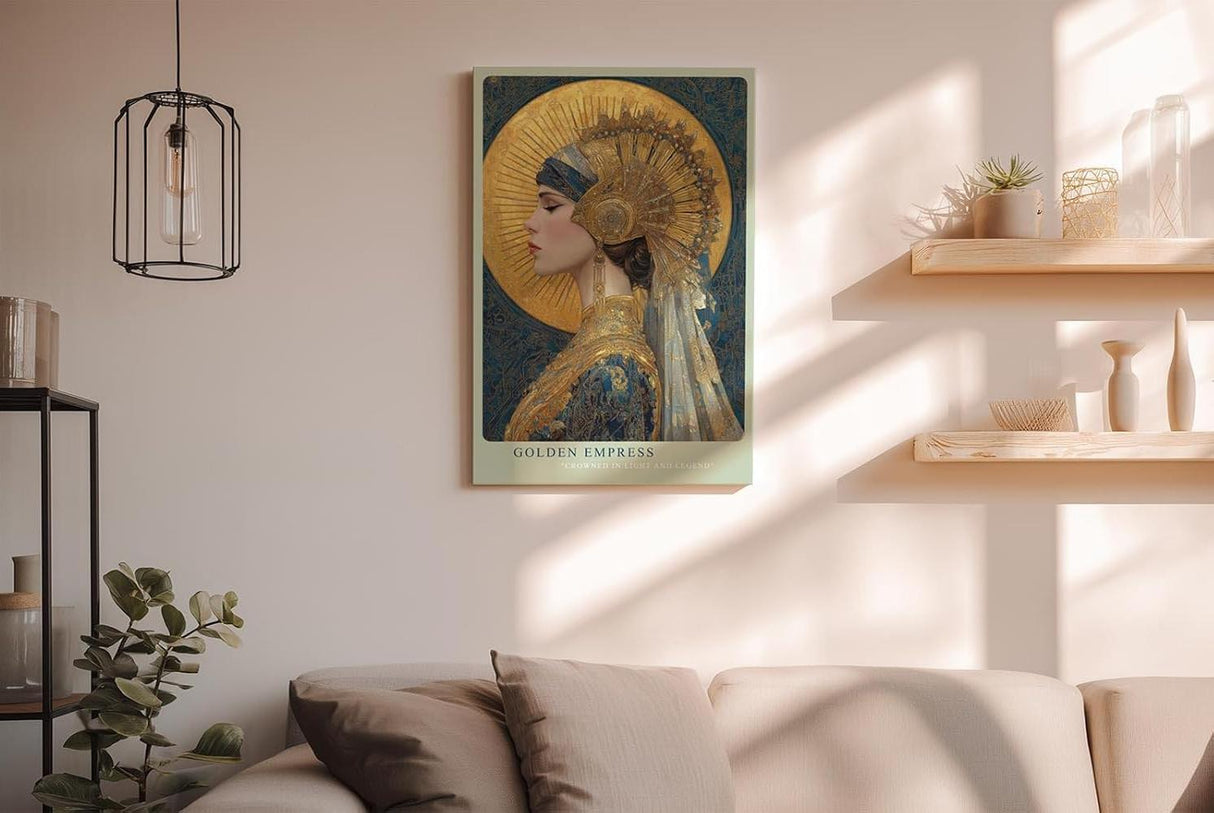 Paul Sinus Wandbild in 40x60cm Golden Empress majestätisches Porträt einer Frau in goldverzierter Kopfbedeckung vor strahlender Sonne