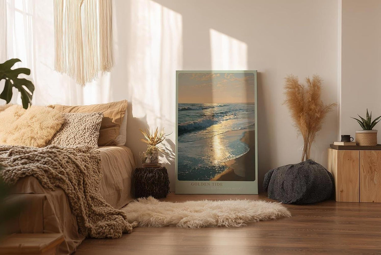 Paul Sinus Wandbild in 40x60cm Goldene Abendsonne über dem Meer mit glitzernder Wasseroberfläche und sanften Wellen