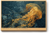 Paul Sinus Wandbild 120x80cm Goldene Qualle im Kosmos Abstrakte Meereskunst in Blau Gold Moderne Wanddekoration