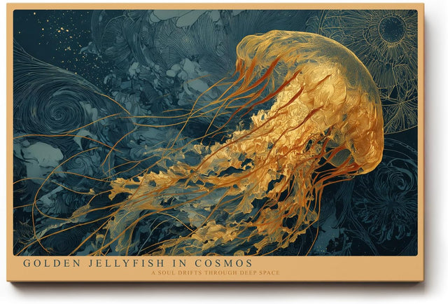 Paul Sinus Wandbild 120x80cm Goldene Qualle im Kosmos Abstrakte Meereskunst in Blau Gold Moderne Wanddekoration