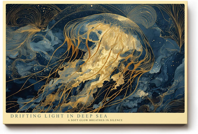 Paul Sinus Wandbild 120x80cm Goldene Qualle im Ozean Moderne Meereskunst in Blau und Gold für Wohnzimmer Schlafzimmer Büro