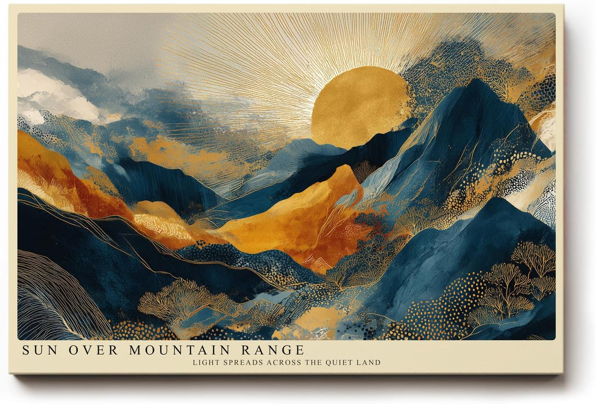 Paul Sinus Wandbild 120x80cm Goldene Sonne ueber Bergen Abstrakte Landschaft in Blau Gold Moderne Wanddekoration