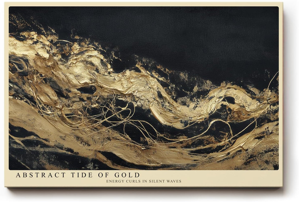 Paul Sinus Wandbild 120x80cm Goldene abstrakte Meeresbewegung – Moderne Kunst mit fließenden Goldlinien auf dunklem Hintergrund