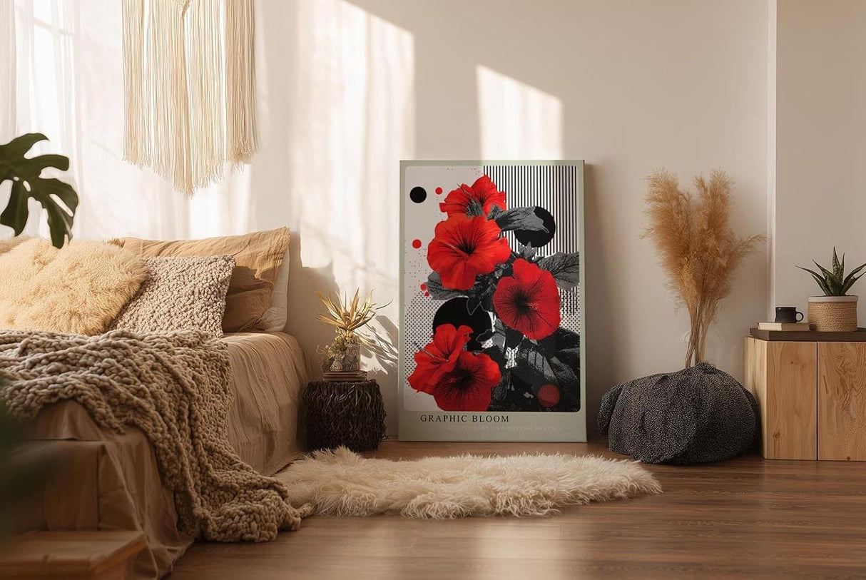 Paul Sinus Wandbild in 40x60cm Graphic Bloom – Rote Blüten im grafischen Pop-Art-Stil mit Linienund Punktmuster