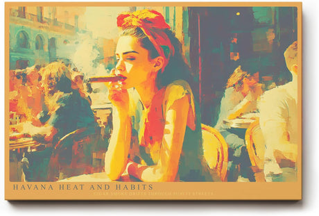 Paul Sinus Wandbild 120x80cm Havana Heat and Habits Frau mit Zigarre in Havanna Cafe Szene Kubanische Stadt Kunst fuer Wohnzimmer und Bar