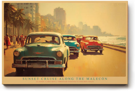 Paul Sinus Wandbild 120x80cm Havanna Malecon Sonnenuntergang Vintage Autos Karibik Stadt Kunst Wanddekoration Wohnzimmer Büro