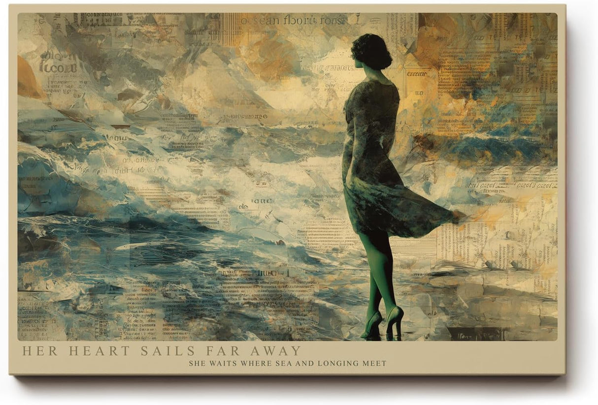 Paul Sinus Wandbild 120x80cm Her Heart Sails Far Away romantische Frau am Meer Vintage Collage Kunst Poster für Wohnzimmer Schlafzimmer