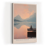 Paul Sinus Wandbild in 40x60cm Her Quiet Power – Meditatives Landschaftsmotiv mit Frau auf einem Steg, Blick auf spiegelnden See und Berge im Sonnenaufgang, moderne Bilder in sanften Farbtönen