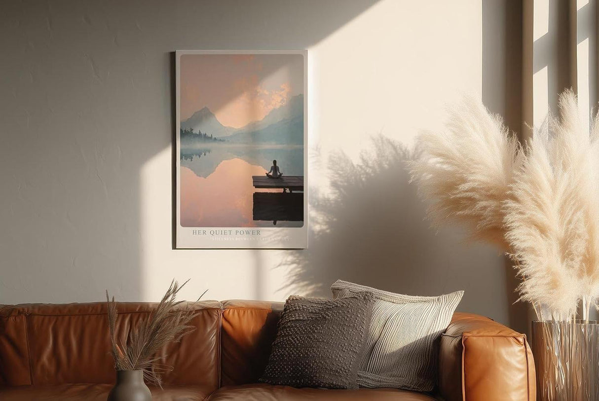 Paul Sinus Wandbild in 40x60cm Her Quiet Power – Meditatives Landschaftsmotiv mit Frau auf einem Steg, Blick auf spiegelnden See und Berge im Sonnenaufgang, moderne Bilder in sanften Farbtönen