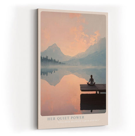 Paul Sinus Wandbild in 40x60cm Her Quiet Power – Meditatives Landschaftsmotiv mit Frau auf einem Steg, Blick auf spiegelnden See und Berge im Sonnenaufgang, moderne Bilder in sanften Farbtönen