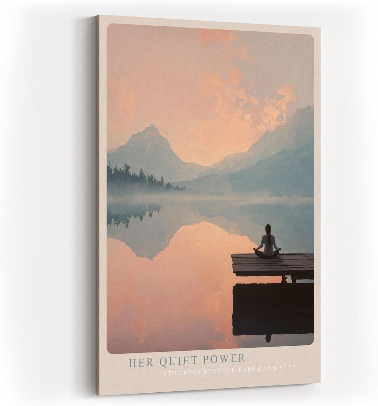 Paul Sinus Wandbild in 40x60cm Her Quiet Power – Meditatives Landschaftsmotiv mit Frau auf einem Steg, Blick auf spiegelnden See und Berge im Sonnenaufgang, moderne Bilder in sanften Farbtönen