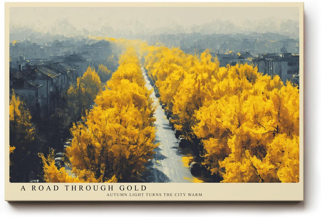 Paul Sinus Wandbild 120x80cm Herbstallee goldene Baeume Stadtlandschaft warme Herbstfarben modernes Landschaftsbild stilvolle Wanddekoration fuer Wohnzimmer Büro