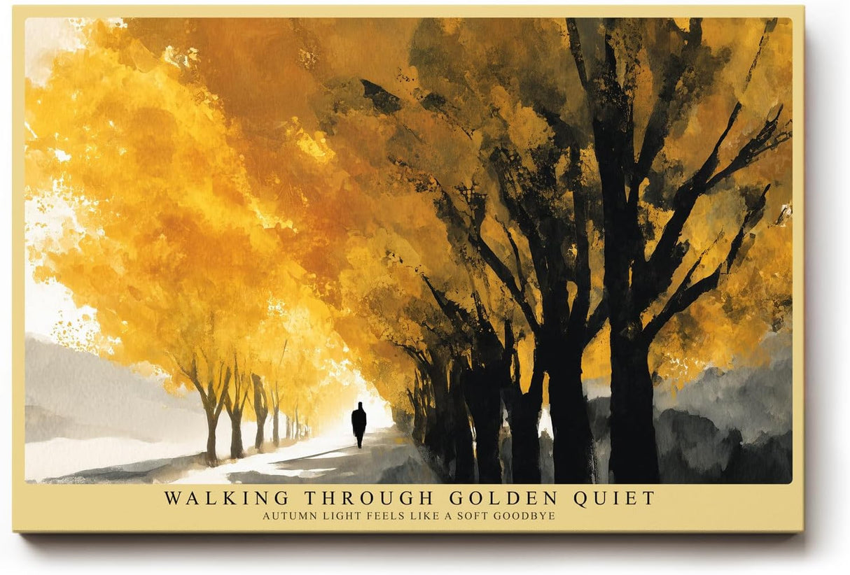 Paul Sinus Wandbild 120x80cm Herbstallee goldene Bäume Landschaft Kunst warmes Gelb Natur Gemälde moderne Wanddekoration für Wohnzimmer Flur