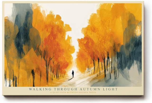 Paul Sinus Wandbild 120x80cm Herbstwald Illustration modern gold orange Landschaft Kunst Kunstdruck grosses Natur Kunstbild warme Wanddekoration fuer Wohnzimmer Büro