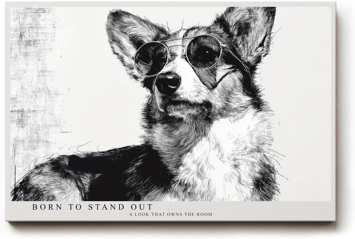 Paul Sinus Wandbild 120x80cm Hund mit Sonnenbrille moderne Tier Illustration schwarz weiss stilvolle Wanddekoration fuer Wohnzimmer Büro