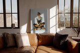 Paul Sinus Wandbild in 40x60cm In Her Own Chapter – Ausdrucksstarkes Porträt einer jungen Frau, auf Bücherstapeln sitzend und lesend, moderne Bilder mit klaren Linien und warmen Akzenten