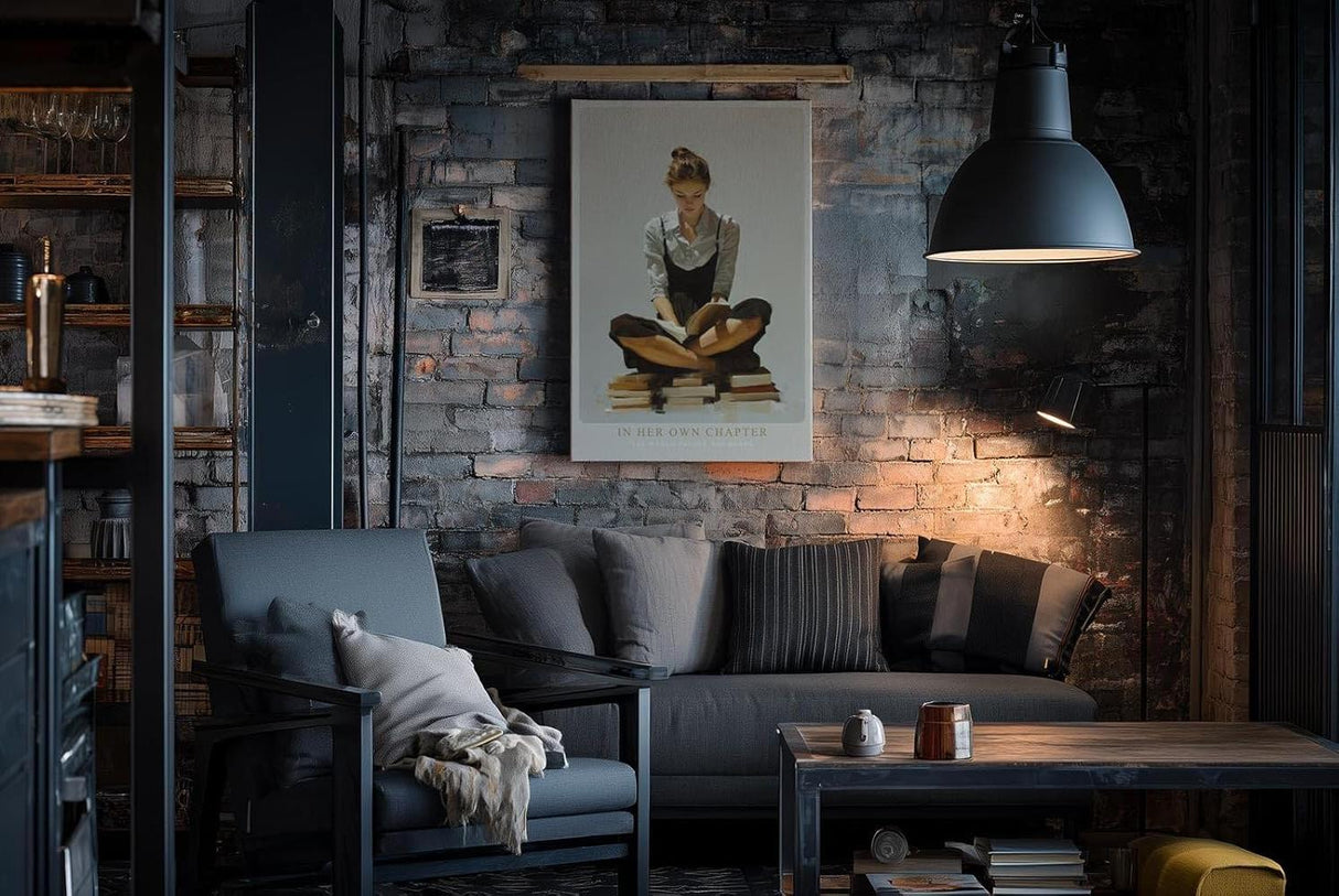 Paul Sinus Wandbild in 40x60cm In Her Own Chapter – Ausdrucksstarkes Porträt einer jungen Frau, auf Bücherstapeln sitzend und lesend, moderne Bilder mit klaren Linien und warmen Akzenten