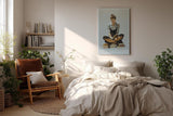 Paul Sinus Wandbild in 40x60cm In Her Own Chapter – Ausdrucksstarkes Porträt einer jungen Frau, auf Bücherstapeln sitzend und lesend, moderne Bilder mit klaren Linien und warmen Akzenten