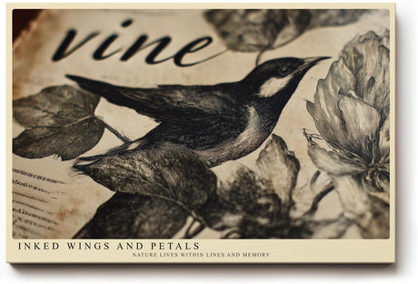 Paul Sinus Wandbild 120x80cm Inked Wings and Petals Vintage Vogel Illustration mit Blumen Natur Kunst Poster für Wohnzimmer Büro